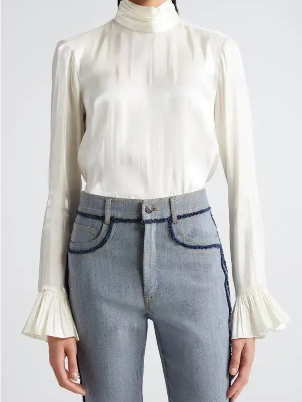 NWT Cinq à Sept Turner Top Ivory Satin Mock Neck Ruffle Cuff Blouse XS